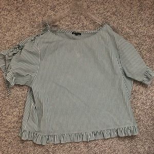 Green and White stripped blouse with lace up design in shoulder